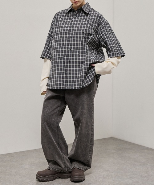Alfred Alex（アルフレッドアレックス）の「【Alfred Alex】Fake Layered Plaid Shirt / オーバーサイズ ワッフルレイヤード チェックシャツ（シャツ/ブラウス・メンズ・ブラック/ブラック系/ダークブラウン/ダークネイビー・M/L）」の17枚目の写真