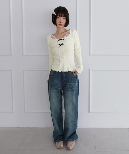 by muni:r(バイ ムニール)の「レーススクエアリボンスリムニット/2026 AW COLLECTION(Tシャツ/カットソー・レディース・ブラック/グレー/アイボリー・FREE)」の6枚目の写真