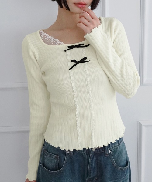 by muni:r(バイ ムニール)の「レーススクエアリボンスリムニット/2026 AW COLLECTION(Tシャツ/カットソー・レディース・ブラック/グレー/アイボリー・FREE)」の7枚目の写真