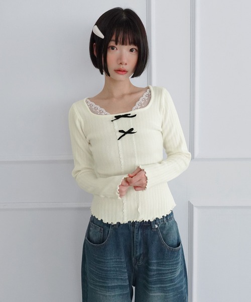 by muni:r(バイ ムニール)の「レーススクエアリボンスリムニット/2026 AW COLLECTION(Tシャツ/カットソー・レディース・ブラック/グレー/アイボリー・FREE)」の8枚目の写真