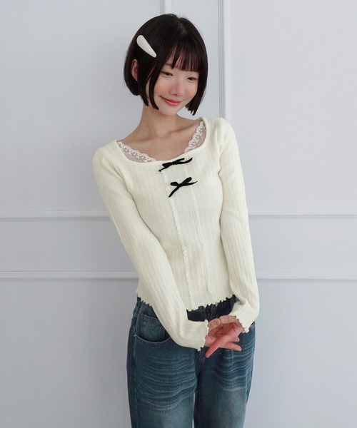 by muni:r(バイ ムニール)の「レーススクエアリボンスリムニット/2026 AW COLLECTION(Tシャツ/カットソー・レディース・ブラック/グレー/アイボリー・FREE)」の9枚目の写真