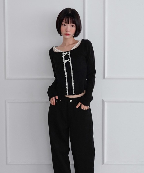 by muni:r(バイ ムニール)の「レーススクエアリボンスリムニット/2026 AW COLLECTION(Tシャツ/カットソー・レディース・ブラック/グレー/アイボリー・FREE)」の10枚目の写真
