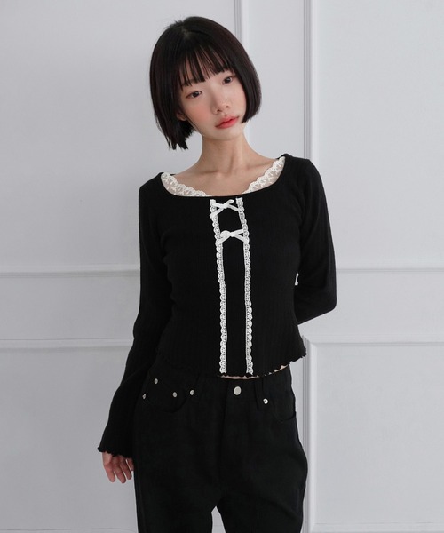 by muni:r(バイ ムニール)の「レーススクエアリボンスリムニット/2026 AW COLLECTION(Tシャツ/カットソー・レディース・ブラック/グレー/アイボリー・FREE)」の11枚目の写真