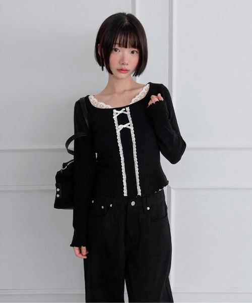 by muni:r(バイ ムニール)の「レーススクエアリボンスリムニット/2026 AW COLLECTION(Tシャツ/カットソー・レディース・ブラック/グレー/アイボリー・FREE)」の14枚目の写真