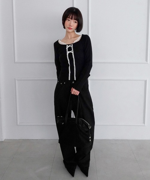 by muni:r(バイ ムニール)の「レーススクエアリボンスリムニット/2026 AW COLLECTION(Tシャツ/カットソー・レディース・ブラック/グレー/アイボリー・FREE)」の16枚目の写真