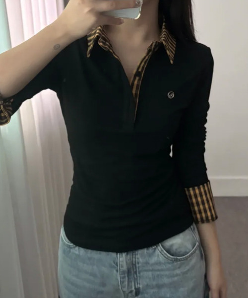VIVID LADY(ビビッドレディー)の「チェックシャツドッキング ヘンリーネック長袖トップス(Tシャツ/カットソー・レディース・ネイビー/イエロー・MEDIUM/LARGE)」の12枚目の写真