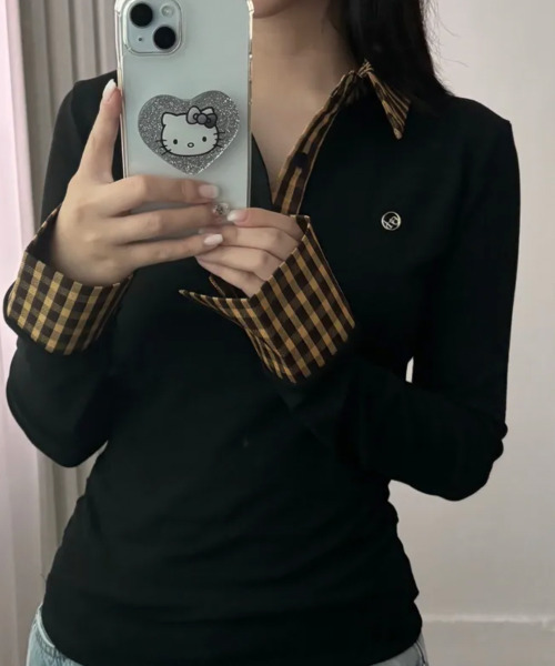 VIVID LADY(ビビッドレディー)の「チェックシャツドッキング ヘンリーネック長袖トップス(Tシャツ/カットソー・レディース・ネイビー/イエロー・MEDIUM/LARGE)」の11枚目の写真