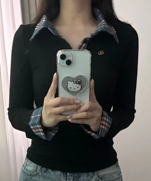 VIVID LADY(ビビッドレディー)の「チェックシャツドッキング ヘンリーネック長袖トップス(Tシャツ/カットソー・レディース・ネイビー/イエロー・MEDIUM/LARGE)」の6枚目の写真