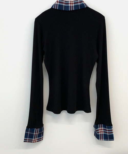 VIVID LADY(ビビッドレディー)の「チェックシャツドッキング ヘンリーネック長袖トップス(Tシャツ/カットソー・レディース・ネイビー/イエロー・MEDIUM/LARGE)」の4枚目の写真