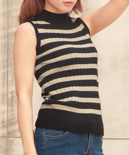 Julia Boutique(ジュリアブティック)の「ベーシックハイネックノースリーブリブニットトップス/510230(ニット/セーター・レディース・ホワイト/ブラック/グレー/ピンク/ネイビー/カーキ/ベージュ/ベージュ×ブラック/ブラウン/ミント/テラコッタ/ブルー/ボルドー・ONE)」の7枚目の写真