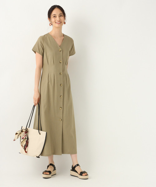 GLOBAL WORK（グローバルワーク）の「リネンマエボタンＶネックワンピース/842116（ワンピース・レディース・ブラック/カーキ/アイボリー・MEDIUM/LARGE）」の7枚目の写真