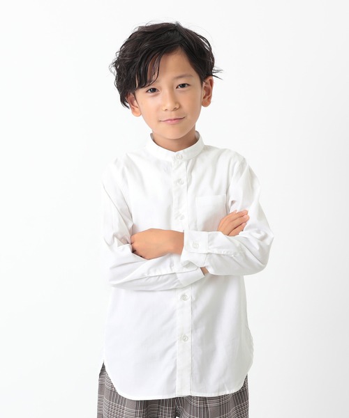 devirock（デビロック）の「スタンドカラーロング丈シャツ（シャツ/ブラウス・キッズ・チェック/ダークブラウン/ホワイト/ストライプ・150cm/120cm/100cm/110cm/130cm/140cm/160cm）」の2枚目の写真