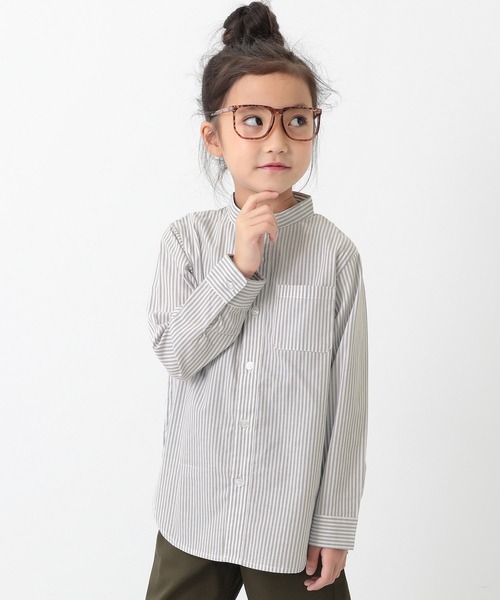 devirock（デビロック）の「スタンドカラーロング丈シャツ（シャツ/ブラウス・キッズ・チェック/ダークブラウン/ホワイト/ストライプ・150cm/120cm/100cm/110cm/130cm/140cm/160cm）」の3枚目の写真