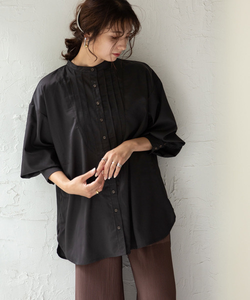 【ROMEOGIGLI】長袖 ドレスシャツ ブラウス 前タック きれいめ rectangle（レクタングル）の「タックドレスシャツ/ブザムシャツ