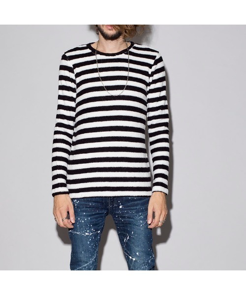 NO ID.(ノーアイディ)の「【NO ID.】Bicule Lamb Pile Border Crew-Neck Pullover / ビキューレ ラム パイル ボーダー クルーネック プルオーバー(ニット/セーター・メンズ・ホワイト×ブラック/グレー系その他/ホワイト×ネイビー/ブラック系その他3・2/3/1)」の2枚目の写真