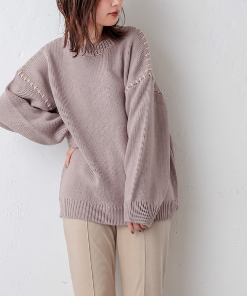 natural couture（ナチュラルクチュール）の「【WEB限定カラー有り】ハンドステッチアクセントニット（ニット/セーター・レディース・アイボリー/モカ/カーキ/ラベンダー・FREE）」の4枚目の写真