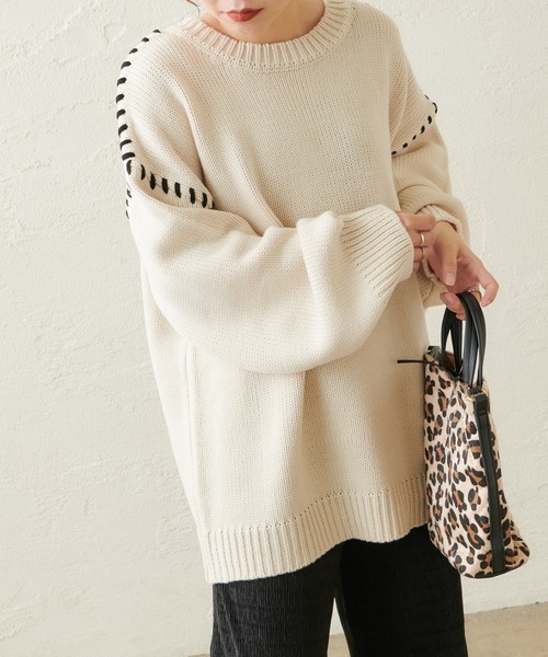 natural couture（ナチュラルクチュール）の「【WEB限定カラー有り】ハンドステッチアクセントニット（ニット/セーター・レディース・アイボリー/モカ/カーキ/ラベンダー・FREE）」の9枚目の写真