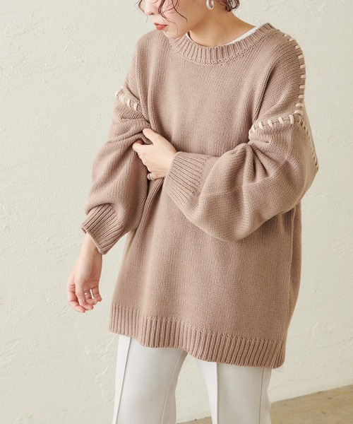 natural couture（ナチュラルクチュール）の「【WEB限定カラー有り】ハンドステッチアクセントニット（ニット/セーター・レディース・アイボリー/モカ/カーキ/ラベンダー・FREE）」の6枚目の写真