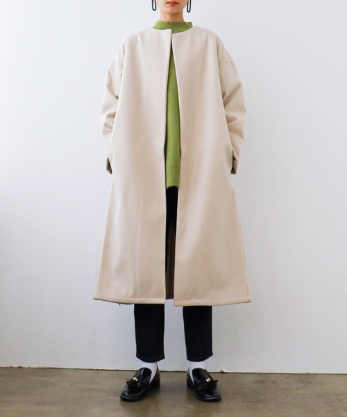 Fashion Letter（ファッションレター）の「ノーカラー オーバーロングコート（チェスターコート・レディース・アイボリー/ブラック/グレイッシュベージュ/モカ/ベージュ/グレイッシュブルー/ミント・M/L）」の4枚目の写真