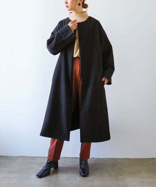 Fashion Letter（ファッションレター）の「ノーカラー オーバーロングコート（チェスターコート・レディース・アイボリー/ブラック/グレイッシュベージュ/モカ/ベージュ/グレイッシュブルー/ミント・M/L）」の20枚目の写真