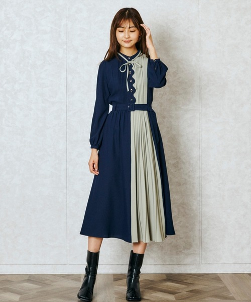 ワンピーススカラップデザインカラーブロックプリーツワンピース ワンピース Redyazel レディアゼル のファッション