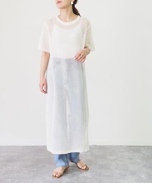 Riberry（リベリー）の「メッシュ編み半袖ニットワンピース（ワンピース・レディース・ブラック/ベージュ/オフホワイト/カーキ・MEDIUM）」の6枚目の写真