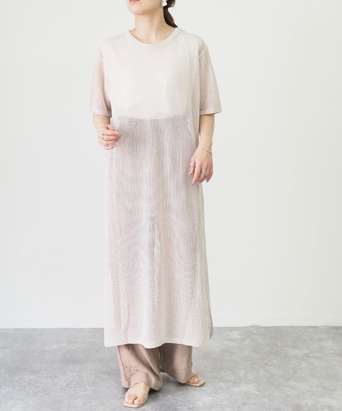 Riberry（リベリー）の「メッシュ編み半袖ニットワンピース（ワンピース・レディース・ブラック/ベージュ/オフホワイト/カーキ・MEDIUM）」の19枚目の写真