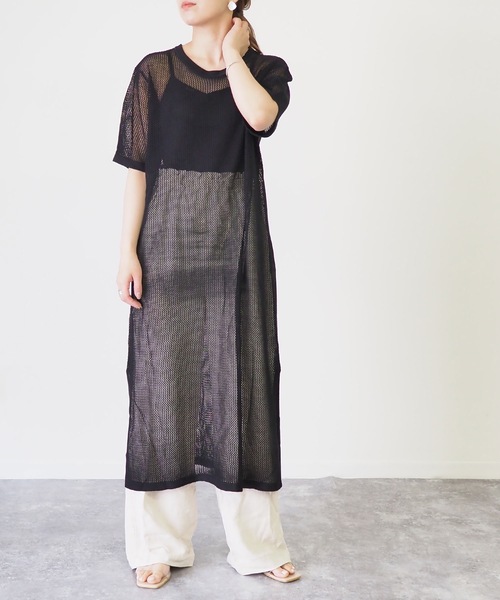 Riberry（リベリー）の「メッシュ編み半袖ニットワンピース（ワンピース・レディース・ブラック/ベージュ/オフホワイト/カーキ・MEDIUM）」の10枚目の写真