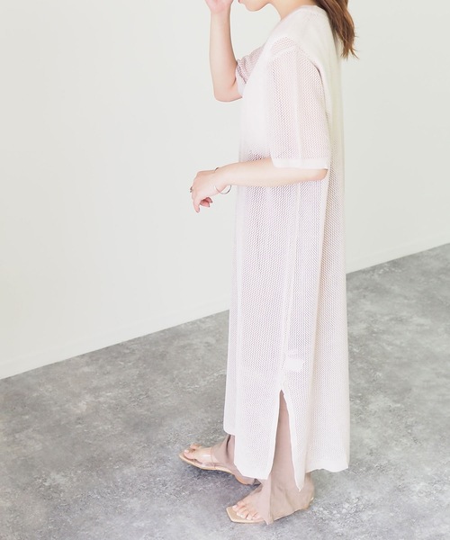 Riberry（リベリー）の「メッシュ編み半袖ニットワンピース（ワンピース・レディース・ブラック/ベージュ/オフホワイト/カーキ・MEDIUM）」の14枚目の写真