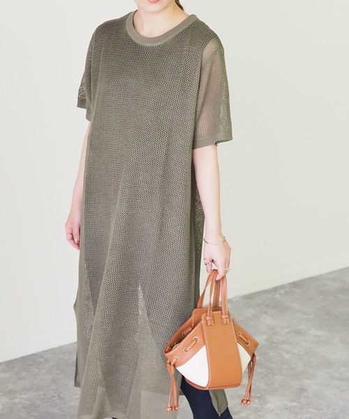 Riberry（リベリー）の「メッシュ編み半袖ニットワンピース（ワンピース・レディース・ブラック/ベージュ/オフホワイト/カーキ・MEDIUM）」の20枚目の写真