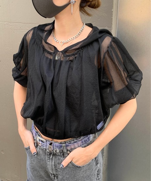 RASVOA（ラスボア）の「パフスリーブシアートップス（パーカー・レディース・ブラック/グレー/オフホワイト/グレイッシュベージュ・FREE）」の11枚目の写真