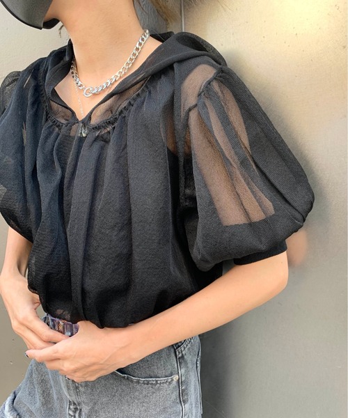 RASVOA（ラスボア）の「パフスリーブシアートップス（パーカー・レディース・ブラック/グレー/オフホワイト/グレイッシュベージュ・FREE）」の13枚目の写真