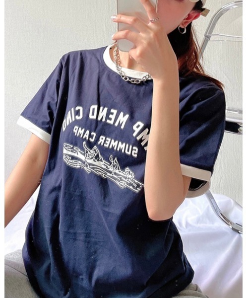 DAIS-Y（デイジー）の「イラストプリントリンガーTシャツ（Tシャツ/カットソー・レディース・ホワイト/ネイビー/グレー・FREE）」の4枚目の写真