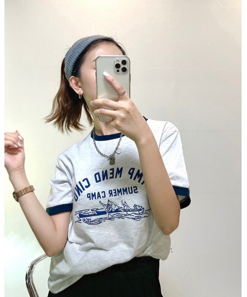 DAIS-Y（デイジー）の「イラストプリントリンガーTシャツ（Tシャツ/カットソー・レディース・ホワイト/ネイビー/グレー・FREE）」の5枚目の写真