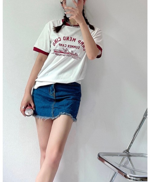 DAIS-Y（デイジー）の「イラストプリントリンガーTシャツ（Tシャツ/カットソー・レディース・ホワイト/ネイビー/グレー・FREE）」の8枚目の写真