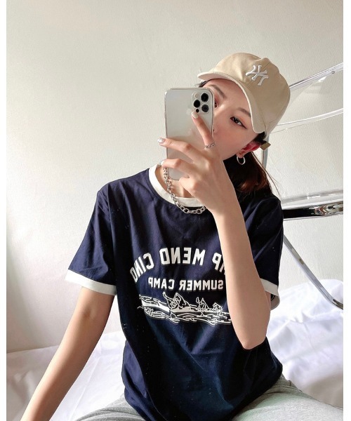 DAIS-Y（デイジー）の「イラストプリントリンガーTシャツ（Tシャツ/カットソー・レディース・ホワイト/ネイビー/グレー・FREE）」の9枚目の写真