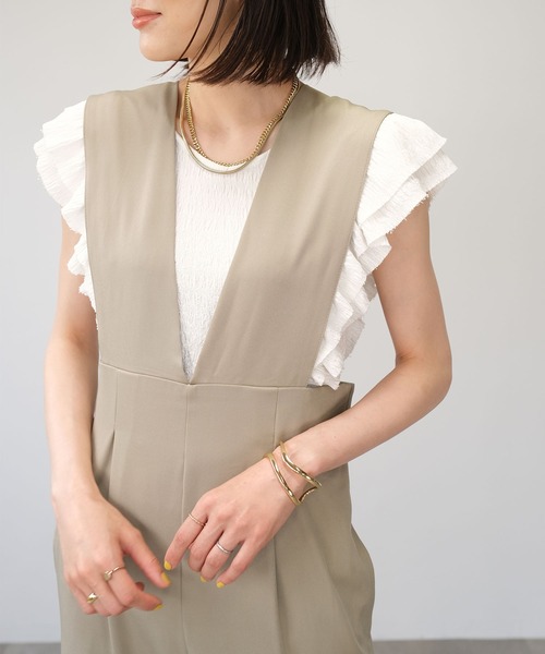 ＡＮＤＪ（アンドジェイ）の「ワッシャー加工ダブルフリルノースリーブトップス（Tシャツ/カットソー・レディース・オフホワイト/ピンク/グレイッシュベージュ/ブラック・M）」の2枚目の写真