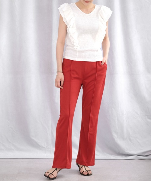 ＡＮＤＪ（アンドジェイ）の「ワッシャー加工ダブルフリルノースリーブトップス（Tシャツ/カットソー・レディース・オフホワイト/ピンク/グレイッシュベージュ/ブラック・M）」の5枚目の写真