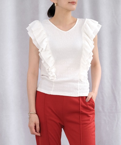 ＡＮＤＪ（アンドジェイ）の「ワッシャー加工ダブルフリルノースリーブトップス（Tシャツ/カットソー・レディース・オフホワイト/ピンク/グレイッシュベージュ/ブラック・M）」の8枚目の写真