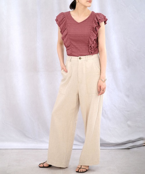 ＡＮＤＪ（アンドジェイ）の「ワッシャー加工ダブルフリルノースリーブトップス（Tシャツ/カットソー・レディース・オフホワイト/ピンク/グレイッシュベージュ/ブラック・M）」の10枚目の写真