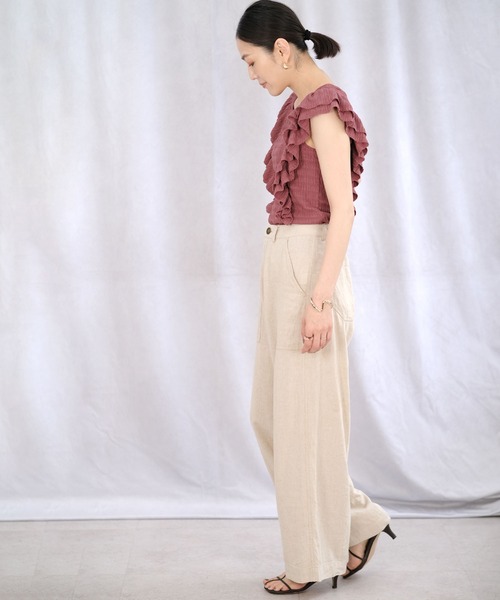 ＡＮＤＪ（アンドジェイ）の「ワッシャー加工ダブルフリルノースリーブトップス（Tシャツ/カットソー・レディース・オフホワイト/ピンク/グレイッシュベージュ/ブラック・M）」の11枚目の写真