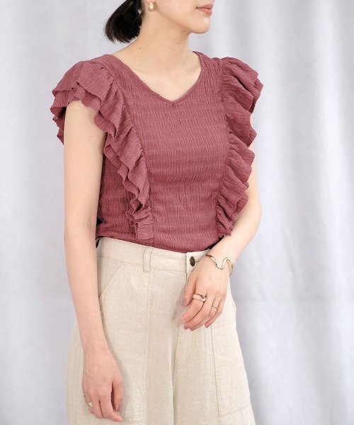 ＡＮＤＪ（アンドジェイ）の「ワッシャー加工ダブルフリルノースリーブトップス（Tシャツ/カットソー・レディース・オフホワイト/ピンク/グレイッシュベージュ/ブラック・M）」の12枚目の写真