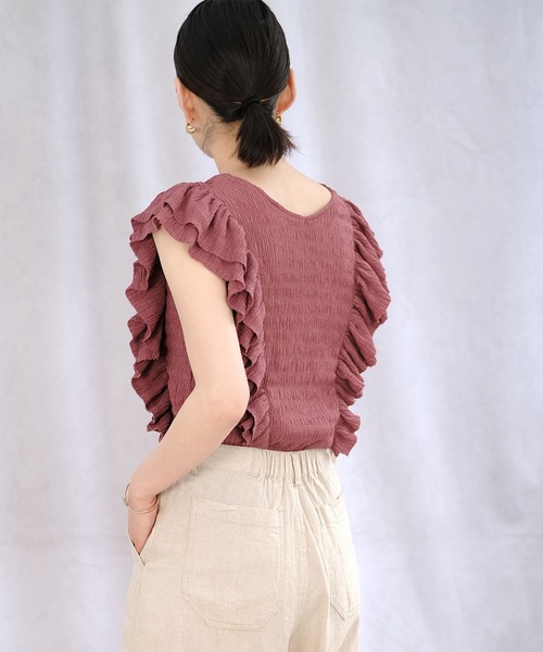 ＡＮＤＪ（アンドジェイ）の「ワッシャー加工ダブルフリルノースリーブトップス（Tシャツ/カットソー・レディース・オフホワイト/ピンク/グレイッシュベージュ/ブラック・M）」の13枚目の写真