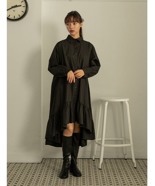 fifth calin（フィフスカラン）の「前後差裾デザインシャツワンピース（ワンピース・レディース・カーキ/ブラック・MEDIUM）」の2枚目の写真