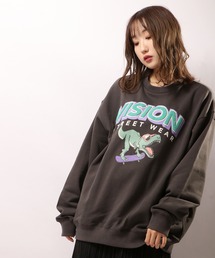 VISION STREET WEAR 恐竜＆スケボー刺繍 裏毛クルーネックスウェットトレーナー