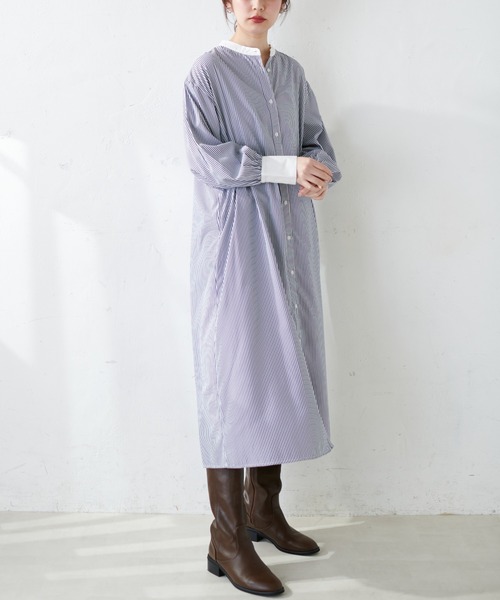 【WEB限定カラー有り】ナチュのオススメ3900ワンピ!細ベルト付きバンドカラーシャツワンピース