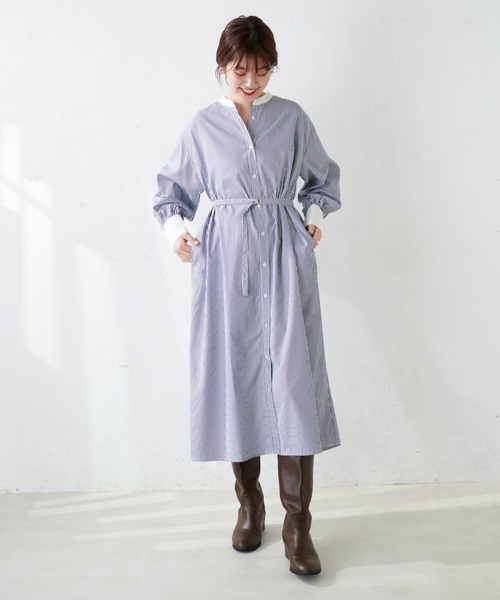 【WEB限定カラー有り】ナチュのオススメ3900ワンピ!細ベルト付きバンドカラーシャツワンピース