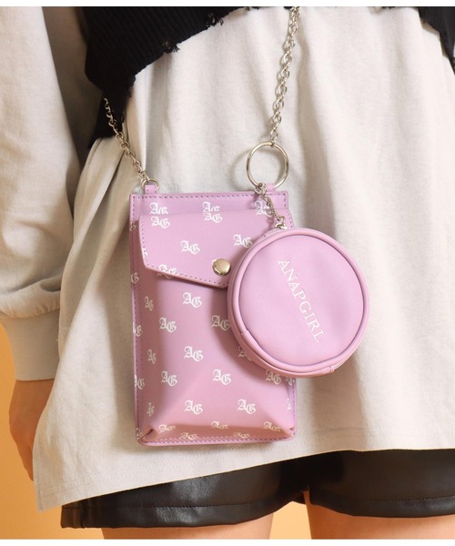 ANAP GiRL(アナップガール)の「モノグラムロゴスマホポシェット(ショルダーバッグ・キッズ・ブラウン/ブラック/ラベンダー・FREE)」の1枚目の写真