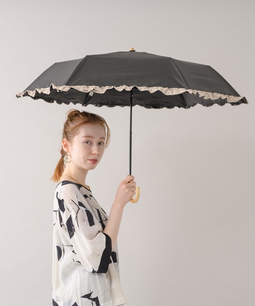 because（ビコーズ）の「because ヒートカットバイカラーフリル晴雨兼用ミニ日傘（折りたたみ傘・レディース・ブラック/ベージュ・FREE）」の14枚目の写真