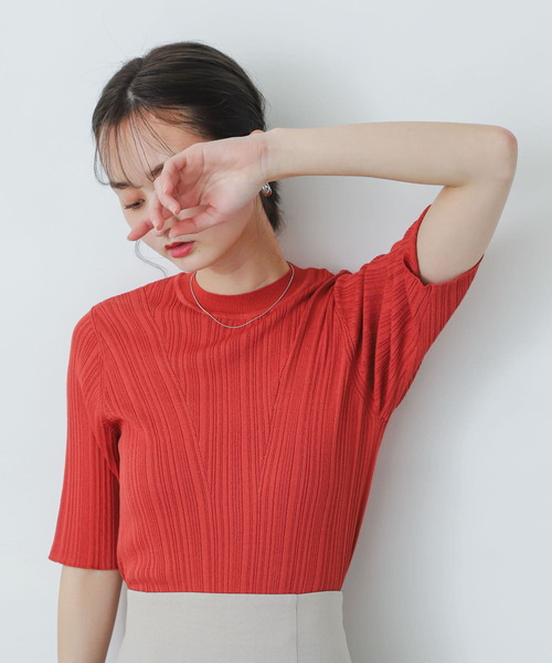 SENSE OF PLACE by URBAN RESEARCH（センスオブプレイスバイアーバンリサーチ）の「ランダムリブコンパクトセーター(5分袖)（ニット/セーター・レディース・ブラック/レッド/ベージュ/グリーン/オフホワイト・ONE）」の5枚目の写真